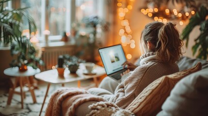 Woman relaxing on sofa using laptop at home.
