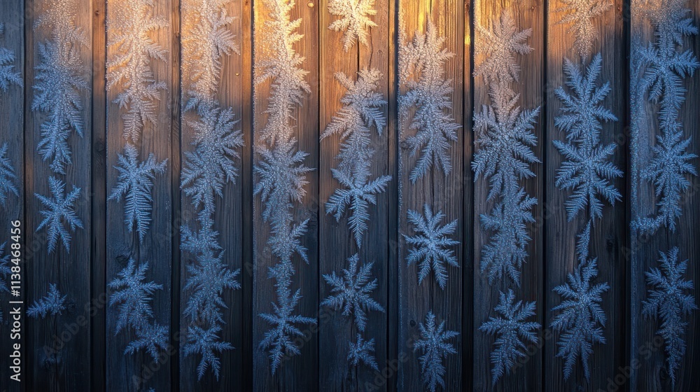Poster frost patterns on a wooden wall create a serene winter atmosphere.
