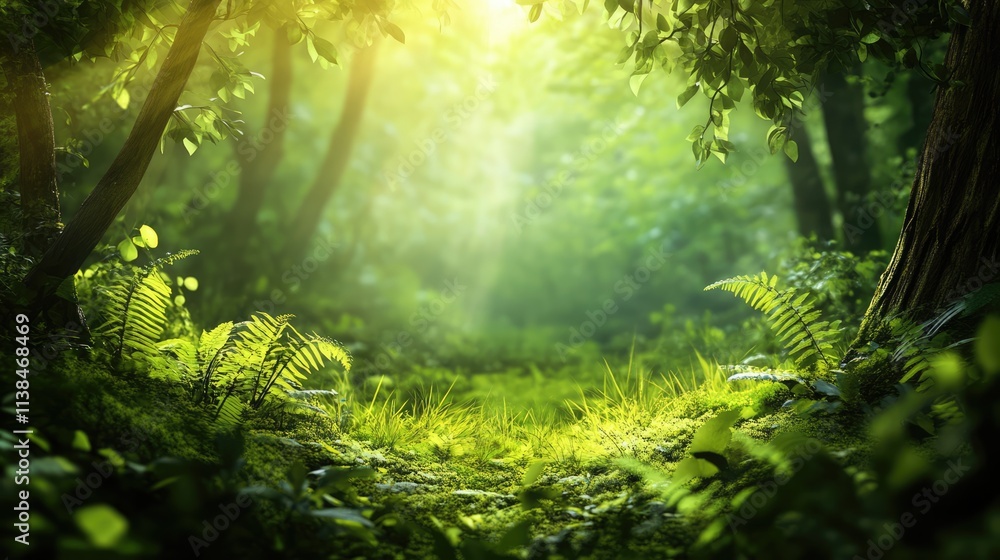 Poster lush green forest with soft sunlight creating a tranquil and serene natural background for ecologica