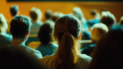 Audience focused on a seminar presentation with blurred effect showcasing engagement and learning atmosphere