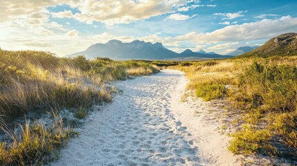 Obraz premium Scenic Pathway Through Sandy Dunes and Lush Greenery Under a Bright Sky with Mountains in the Background Showcasing the Beauty of Nature