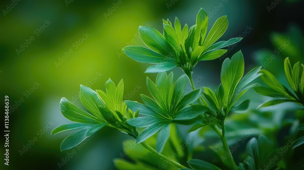 Poster lush green foliage with soft bokeh background creating a serene and tranquil nature atmosphere for d