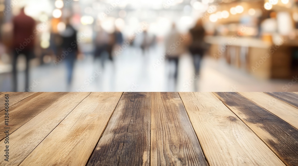 Poster wooden table foreground with blurred figures of people walking in a lively marketplace or event back