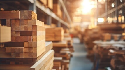 Obraz premium Woodworking industry workshop with wood stacks and tools in a warm, sunlit environment showcasing craftsmanship and trade activities.
