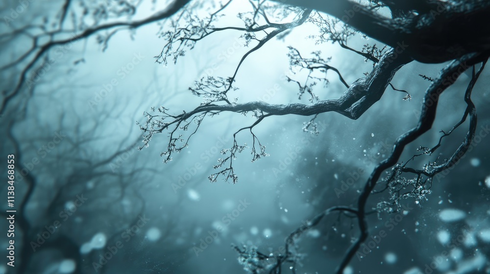 Poster ethereal forest scene with soft focus on twisted branches and misty atmosphere