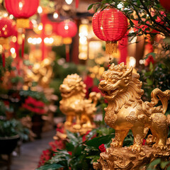 Fototapeta premium Golden zodiac statues surrounded by vibrant red lanterns and lush greenery in festive, illuminated setting, evoking sense of celebration and cultural richness