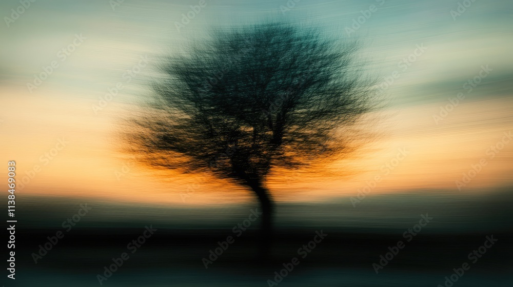 Poster silhouette of a blurred leafless tree against a vibrant sunset backdrop creating an abstract and ser