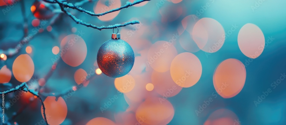 Poster blurred festive ornaments hanging on a tree with vibrant colored lights creating a magical holiday a