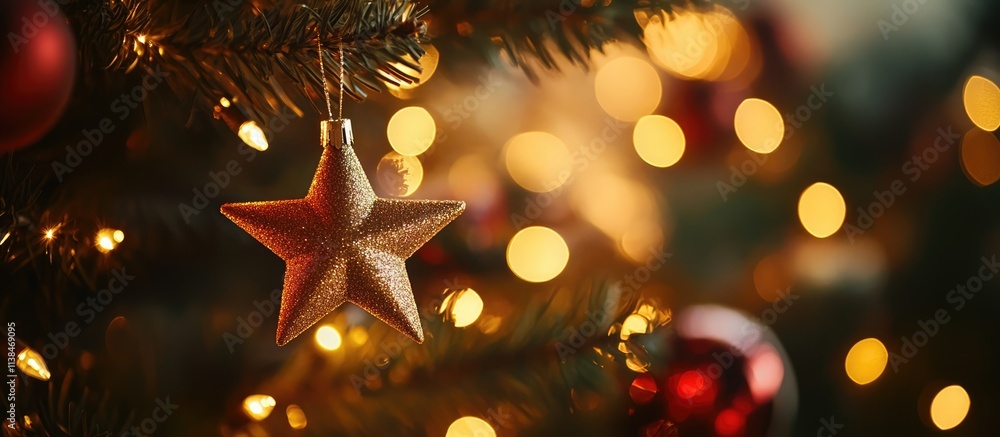 Poster warm golden bokeh background with christmas ornaments and a star hanging from a tree creating a fest
