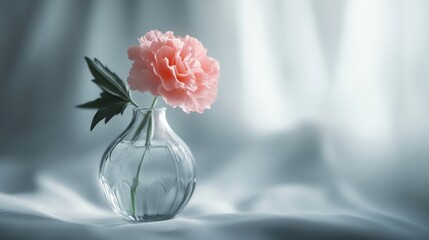 Delicate pink flower in a simple glass vase on soft fabric background, radiating beauty and tranquility.