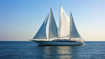 Fototapeta premium A sailboat with white sails sailing on the open ocean, perfect for use as a decorative element or to illustrate a story about adventure and travel