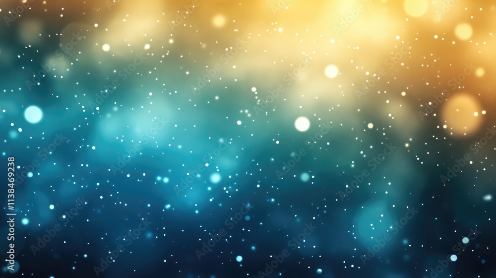 Poster abstract bokeh background with soft glowing lights in blue and gold shades creating a dreamy and atm