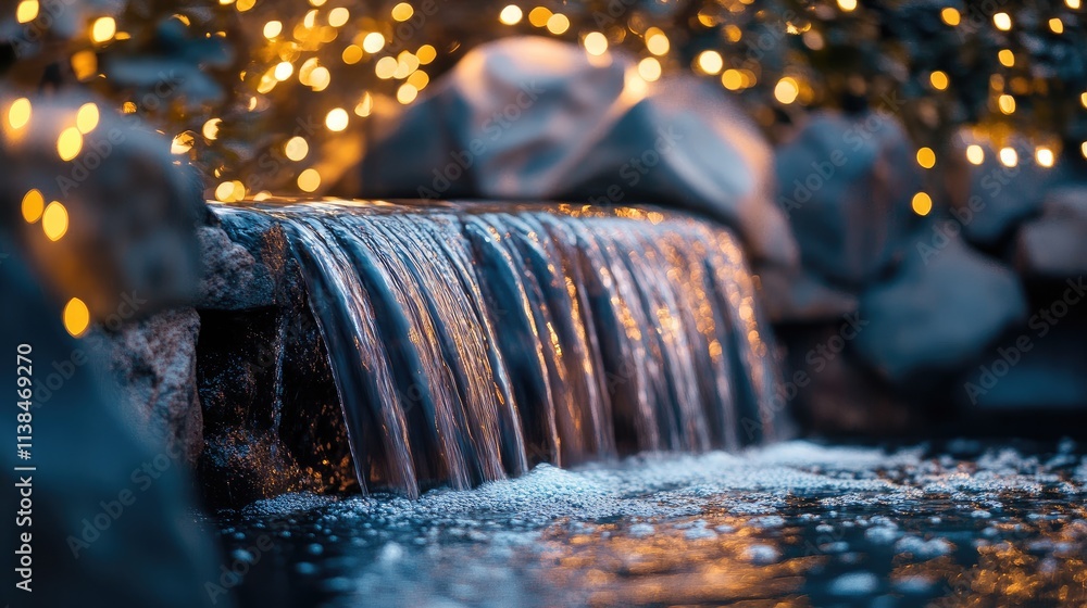 Poster serene water flow with enchanting illuminated lights creating a tranquil ambiance in a soft focus ba