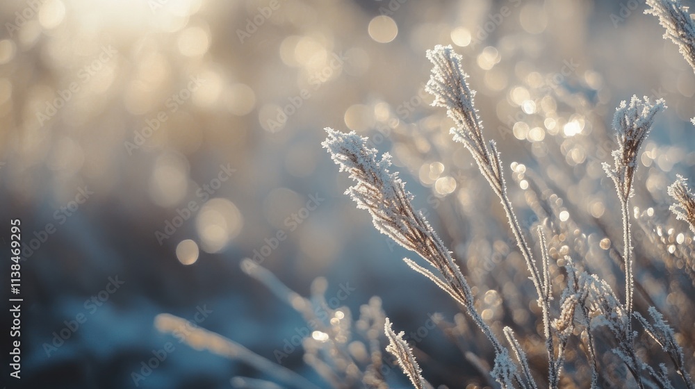 Aufkleber frost-covered grass glistens in soft morning light, creating a serene winter atmosphere.