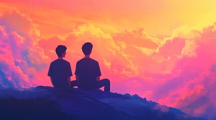 Obraz premium Two friends sitting on a rocky ledge, watching a vibrant sunset over a colorful sky filled with clouds at twilight