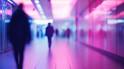 Blurred shopping mall corridor featuring silhouettes of people walking under vibrant neon lights