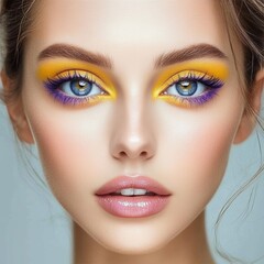 Naklejka premium Close-up Portrait of a Woman with Bright Yellow and Purple Eye Makeup
