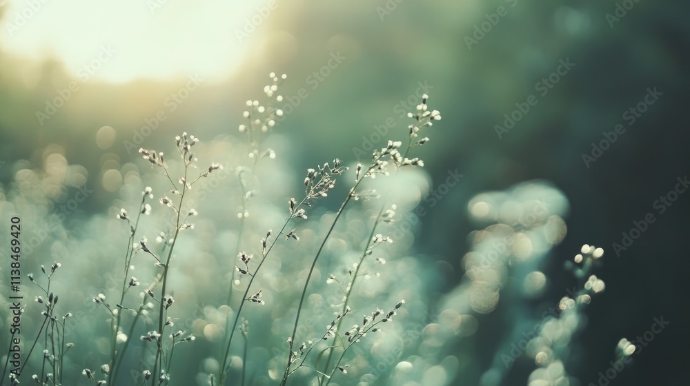 Poster serene blurred field with delicate grasses softly illuminated by sunlight creating an abstract natur