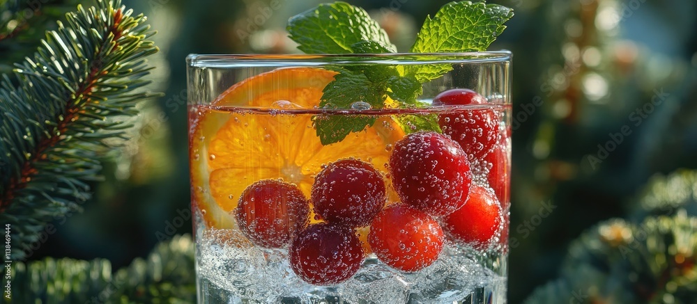 Poster refreshing cranberry drink with orange slice mint leaf and ice cubes set against a backdrop of spruc