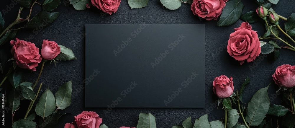 Poster elegant card mockup with fresh roses on dark background offering space for personalized text and inv