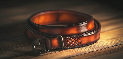 Obraz premium Polished leather belt coiled on a wooden surface soft lighting highlighting the texture