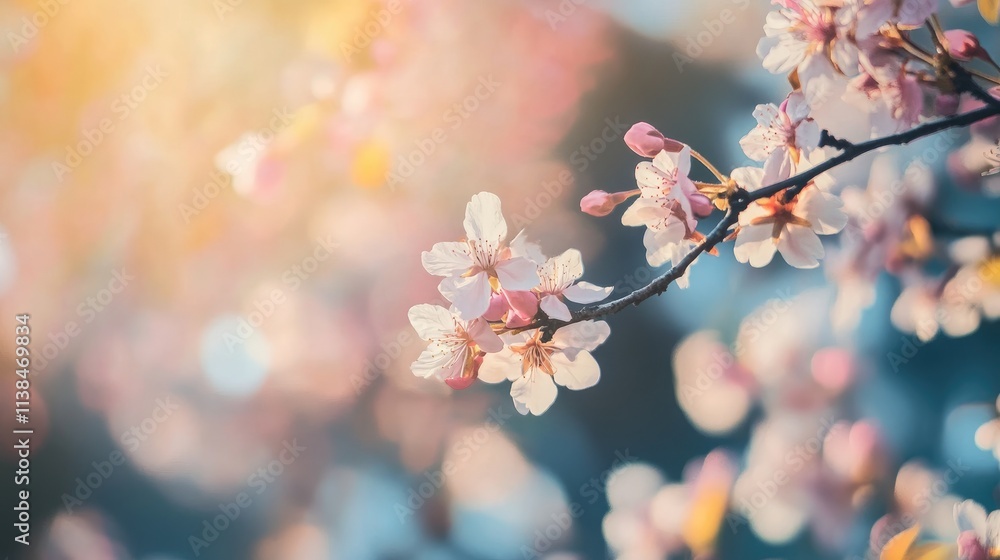 Poster soft focus on cherry blossom branches with gentle light bokeh background