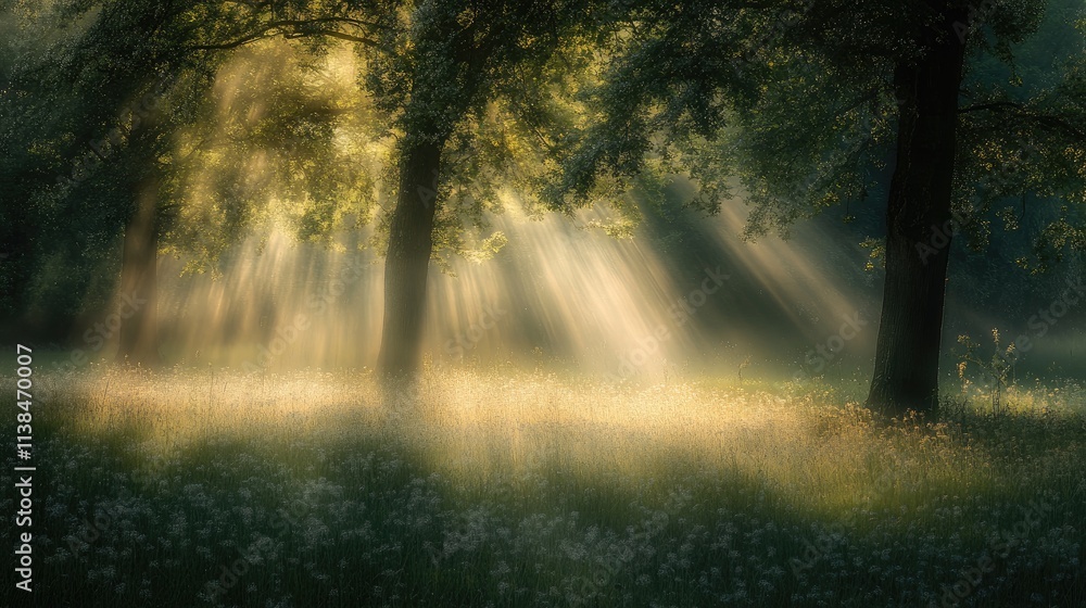 Poster dappled sunlight filtering through trees in a tranquil forest creating a serene and enchanting atmos