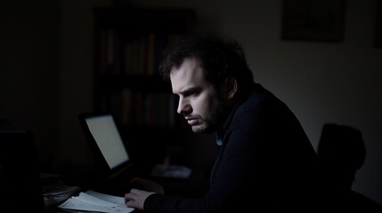 Person looking worried at computer screen, reflecting the pressures and challenges of modern digital life. Navigating complex technology and information overload.