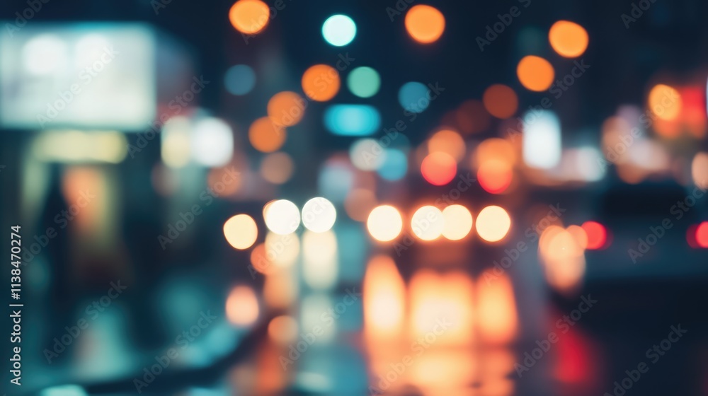 Poster nighttime gas station scene with blurred lights and soft bokeh background creating a dreamy atmosphe