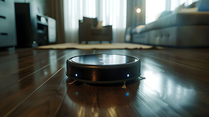 A robotic cleaner operating in a smart home living room,