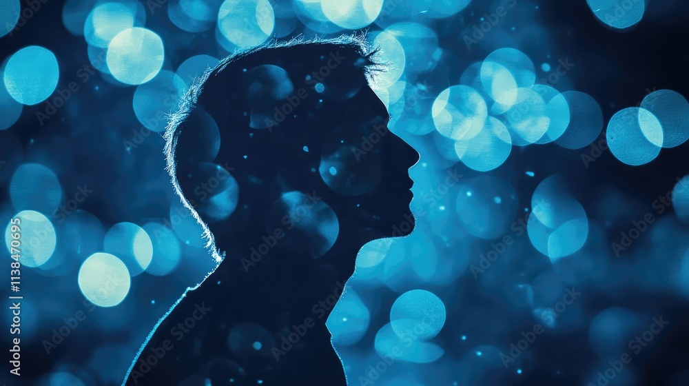 Poster silhouette of a man with blurred bokeh background creating an abstract atmosphere in shades of blue 