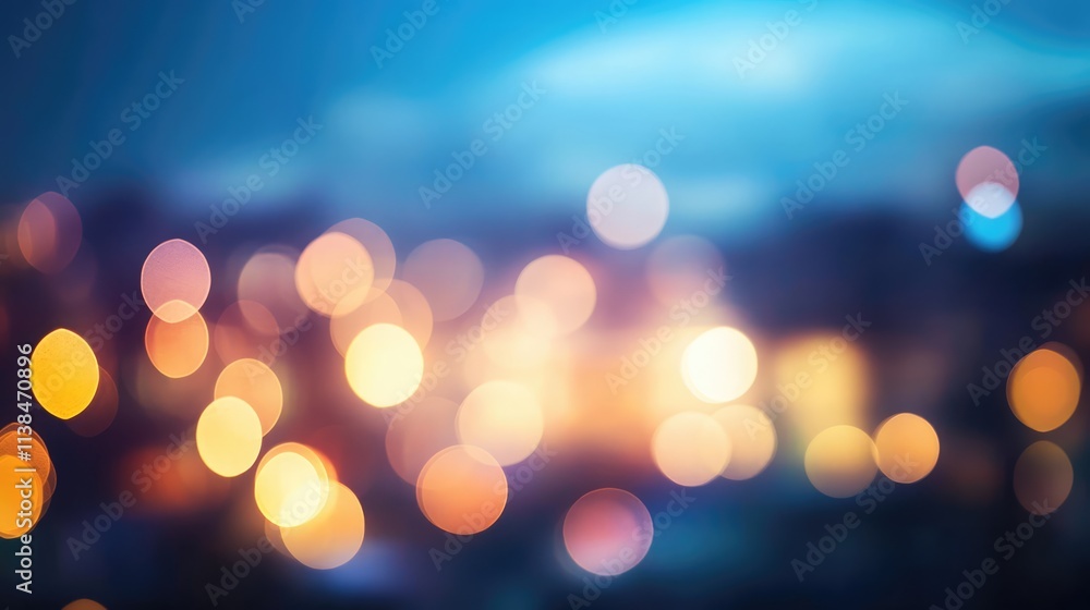 Poster abstract blurred bokeh lights creating a dreamy atmospheric background in soft blue and orange tones