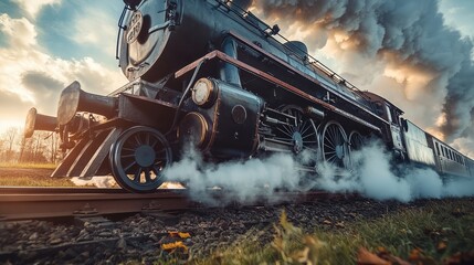 A close-up of the vintage high-speed train powerful engine, with steam clouds rising as it moves through the rural countryside