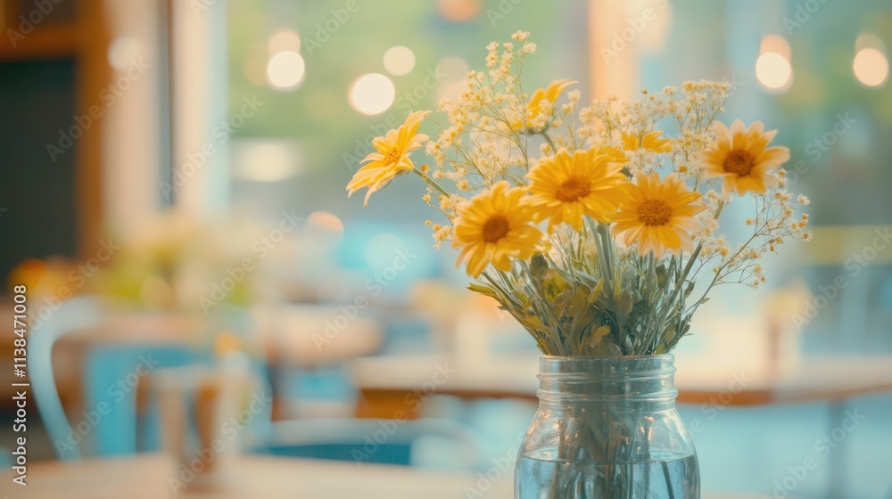 Poster serene cafe setting with blurred tables and cheerful flower arrangement creating a warm and inviting