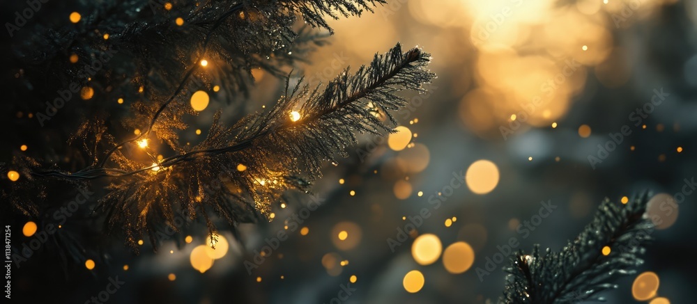 Poster bokeh effect created by shimmering christmas tree lights illuminated through branches during festive
