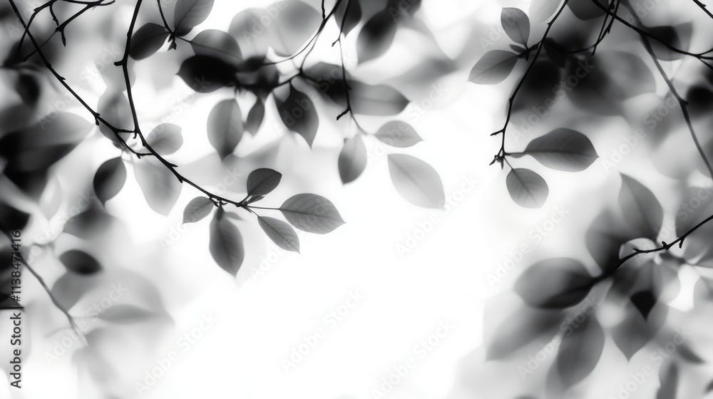 Poster blurred monochrome background featuring delicate foliage leaves on branches creating a serene and ab