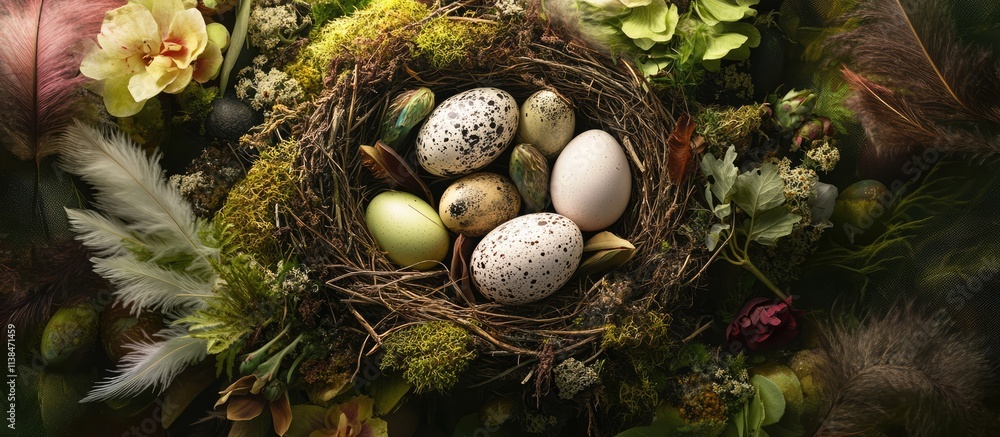 Poster Bird's nest with assorted eggs surrounded by lush greenery and flowers symbolizing Easter and the rejuvenation of springtime.