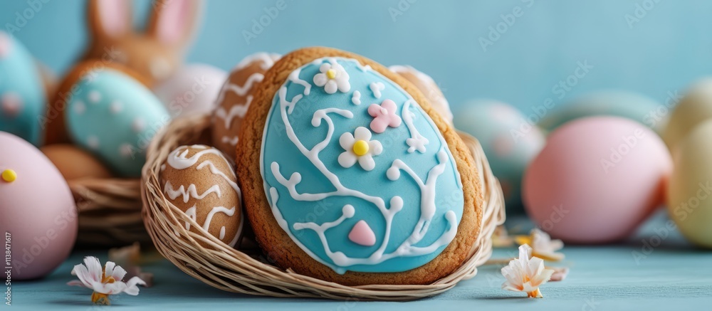 Poster blue easter gingerbread cookie shaped like an egg featured in a festive setting with rabbit and colo