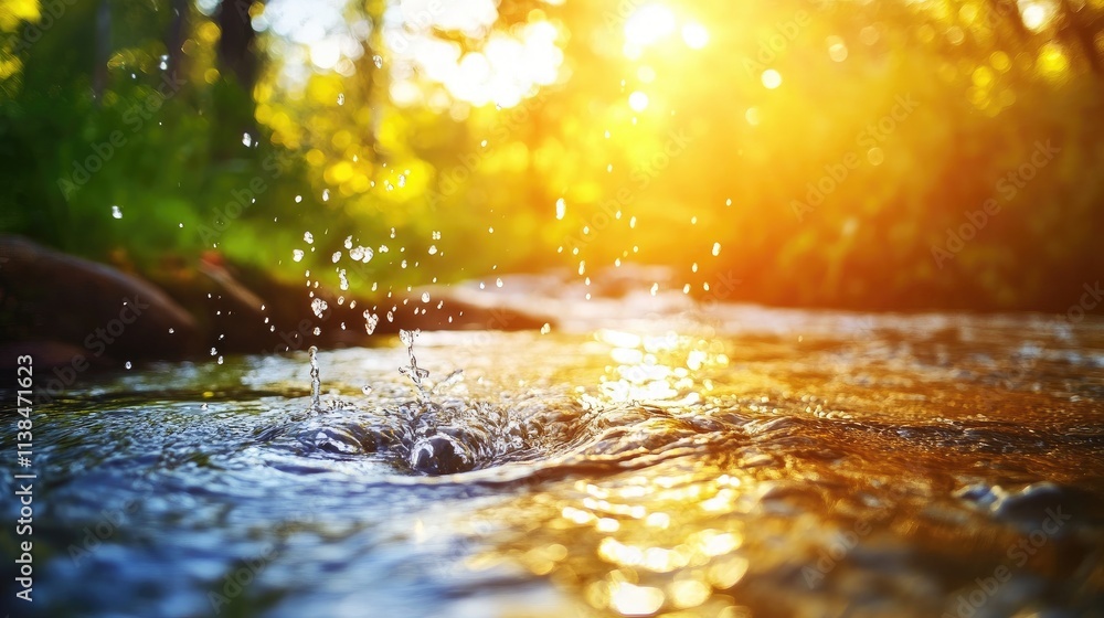 Poster sunlit water stream with splashes and vibrant reflections in a tranquil natural setting during golde