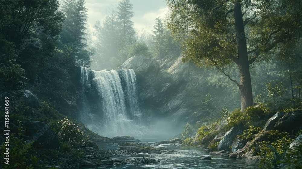 Poster serene waterfall cascading through a lush green forest surrounded by mist and trees creating a tranq