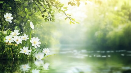 Serene blurred natural background featuring white flowers by a tranquil swamp with lush green foliage and soft lighting effects