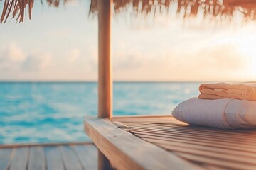 Fototapeta premium Cozy Beachside Relaxation Space with Soft Towels, Gentle Waves, and Stunning Sunset over Tranquil Ocean, Perfect for a Tropical Getaway or Vacation Retreat