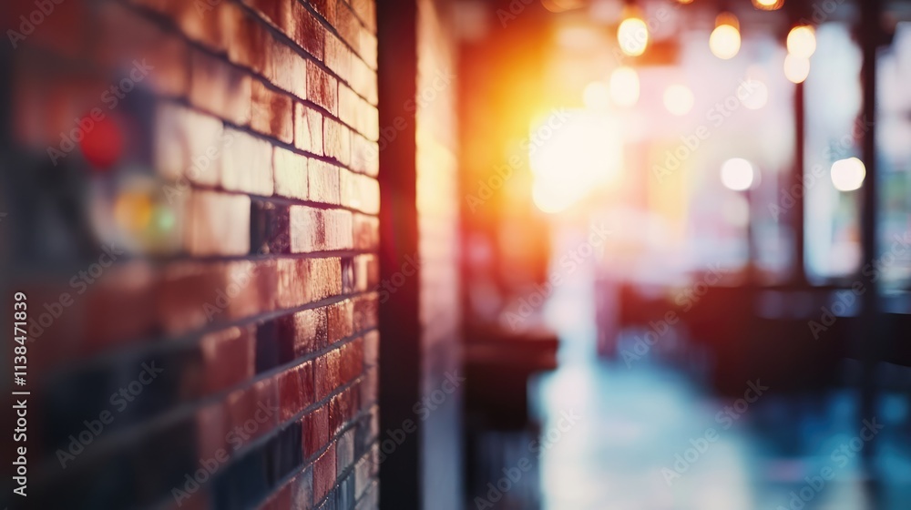 Poster blurred background of a brick wall with warm lighting and bokeh effect creating an atmospheric urban