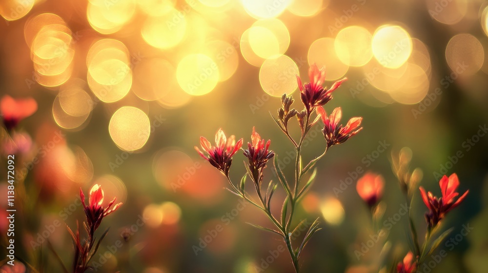 Poster beautiful wildflowers in soft focus with a warm bokeh background creating an enchanting and dreamy a