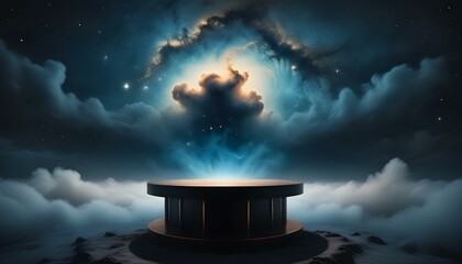 Un cielo nocturno oscuro y estrellado con una nebulosa azul et&eacute;rea y brillante en el centro, rodeada de nubes arremolinadas de polvo c&oacute;smico. Una plataforma o escenario negro est&aacute; en primer plano, cre