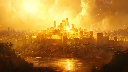 Fototapeta premium The holy city of new jerusalem a revelation of gold. concept religious symbolism, spiritual significance, heavenly city, golden revelation. Heavenly. Illustration