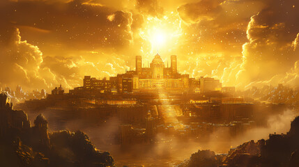 Fototapeta premium The holy city of new jerusalem a revelation of gold. concept religious symbolism, spiritual significance, heavenly city, golden revelation. Heavenly. Illustration