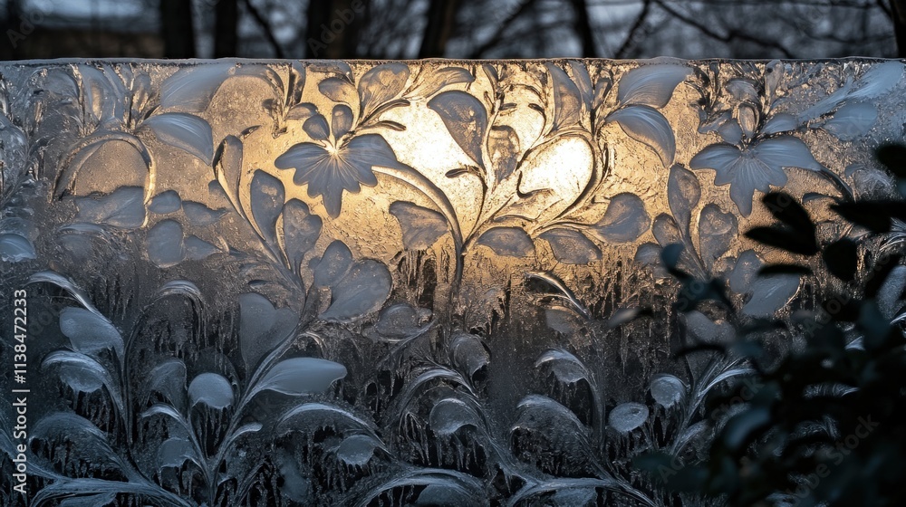 Aufkleber frosted glass with floral patterns illuminated by warm light.