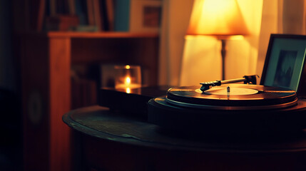 Vinyl record player and record in a cozy room with warm lighting, conveying a retro and relaxed atmosphere. Record Store Day