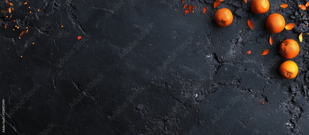 Poster black concrete background with tangerines and scattered leaves creating a vibrant and textured surfa